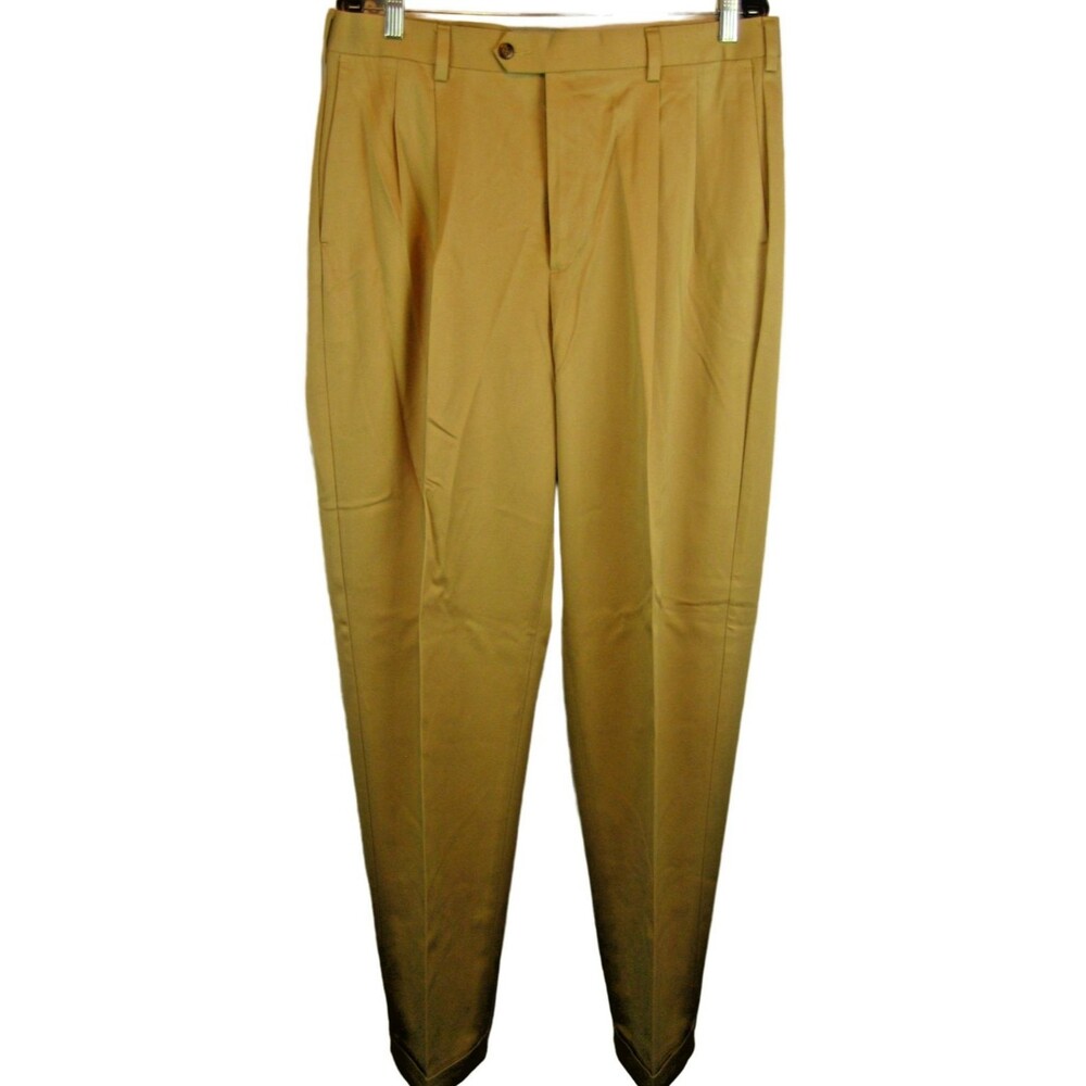 Mens Savane Khaki Pleated Cuffed Chino Pants sz 34x30